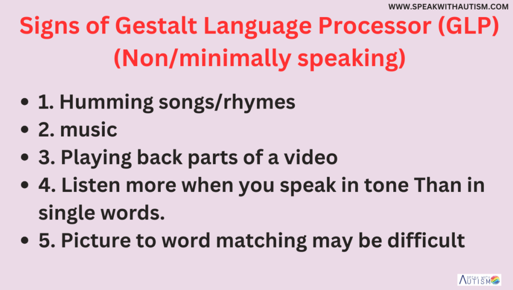 Signs of Gestalt Language Processor (GLP)
(Non/minimally speaking)